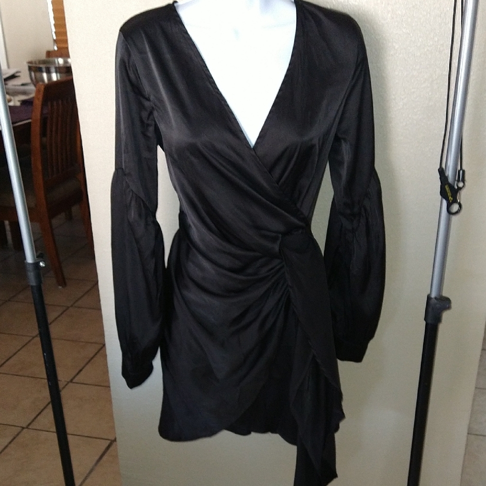 Black Long-Sleeve Wrap Mini Dress with Draped Side